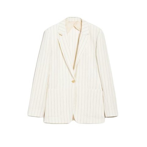 Blazer monopetto dalla linea scivolata, realizzato in canvas di cotone e lino gessato dall'aspetto leggermente mosso. La costruzione presenta collo a rever piccolo, maniche lunghe a giro, taschino sul petto e grandi tasche applicate sul davanti. Modello s