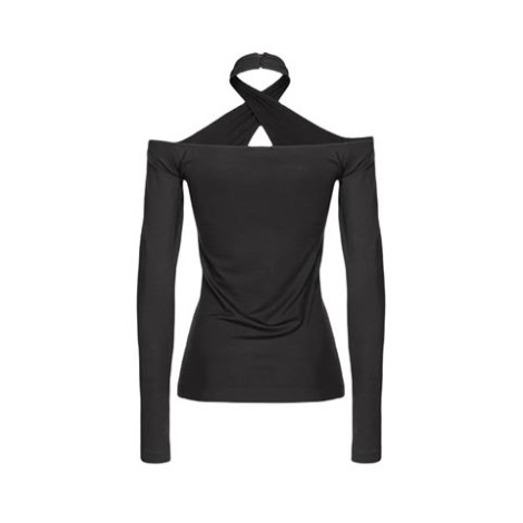 Maglia di Pinko da donna, nero. Modello in jersey stretch, scollo off-shoulder, dettaglio cut-out davanti, bottoni sul colo, maniche lunghe e foro per pollice. 