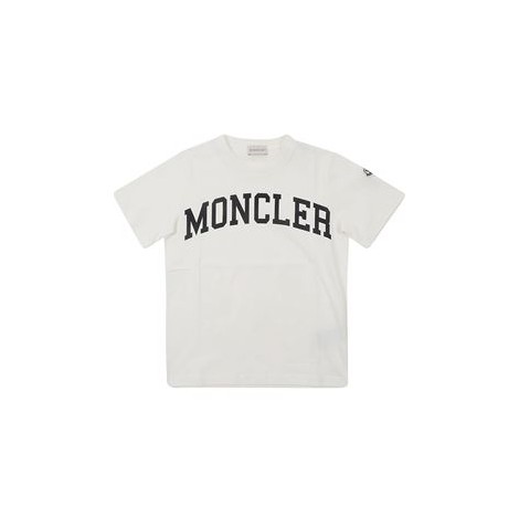 T-shirt di Moncler Kids, colore bianco. Modello girocollo e maniche corte. Scritta logo a contrasto. 