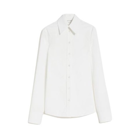 Camicia SCOUT, di Sportmax, da donna, colore bianco. Modello in tela compatta di puro cotone, con linee femminili e design pulito. Le pince profonde sulla schiena definiscono la silhouette, mentre collo e abbottonatura classica caratterizzano la part