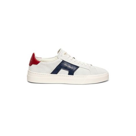 Sneaker low top da uomo realizzata in suedeColore: bianco, blu, rosso , dettaglio in pelle logata sulla linguetta e sul tallone.Dettaglio in pelle d'ispirazione doppia fibbia sui latiChiusura con lacci, suola a cassetta in gommaLettering Santoni inciso su