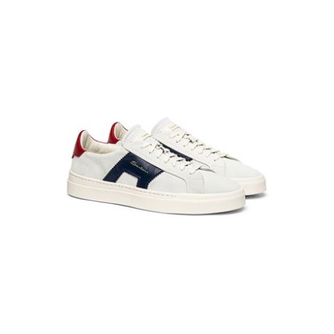 Sneaker low top da uomo realizzata in suedeColore: bianco, blu, rosso , dettaglio in pelle logata sulla linguetta e sul tallone.Dettaglio in pelle d'ispirazione doppia fibbia sui latiChiusura con lacci, suola a cassetta in gommaLettering Santoni inciso su