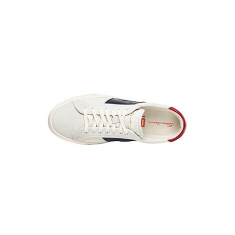 Sneaker low top da uomo realizzata in suedeColore: bianco, blu, rosso , dettaglio in pelle logata sulla linguetta e sul tallone.Dettaglio in pelle d'ispirazione doppia fibbia sui latiChiusura con lacci, suola a cassetta in gommaLettering Santoni inciso su