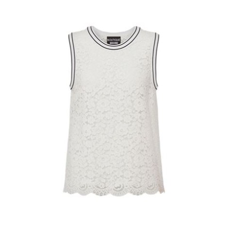 Top di Boutique Moschino, da donna, colore bianco. Modello smanicato, caratterizzato da dettaglio pizzo trasparente, bordi e scollo a costine con righe a contrasto. Fondo smerlato. Scollo tondo. Vestibilità regolare. 