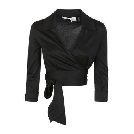 Top BOBBIE, di Diane Von Furstenberg, da donna, colore nero. Avvolgente e corto, ha una cintura aderente in vita, maniche lunghe con risvolto e un colletto classico. Realizzato in jersey opaco. 