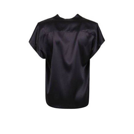 Camicia BREVE, di Pinko, da donna, colore nero. Modello a maniche corte, in satin. Caratterizzato da arricciature sulle spalle e scollo a V. Vestibilità regolare.  