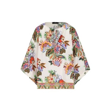 Blusa di Etro, da donna, colore bianco. Modello dalla linea ampia d'ispirazione caftano. Realizzata in cotone e seta jacquard a righe ton-sur-ton con stampa d'ispirazione bouquet multicolor. 