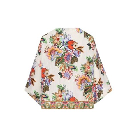 Blusa di Etro, da donna, colore bianco. Modello dalla linea ampia d'ispirazione caftano. Realizzata in cotone e seta jacquard a righe ton-sur-ton con stampa d'ispirazione bouquet multicolor. 