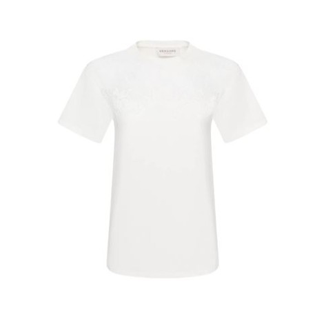 T-shirt di Ermanno Firenze, da donna, colore bianco. Modello girocollo e maniche corte. Tinta unita con inserti in pizzo a contrasto. Vestibilità regolare. 