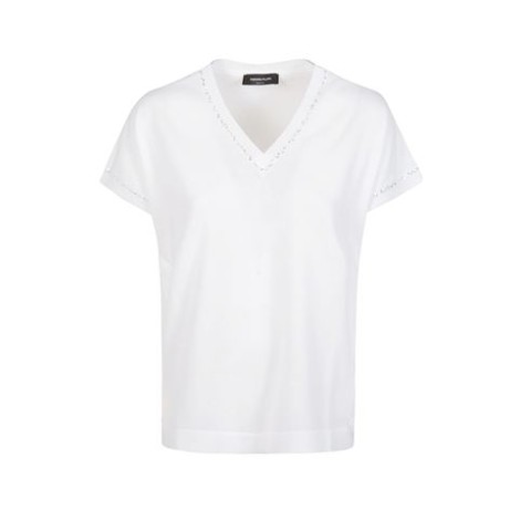 T-shirt di Fabiana Filippi, da donna, colore bianco. Modello scollo a V e maniche corte con profili lurex. Tinta unita. 