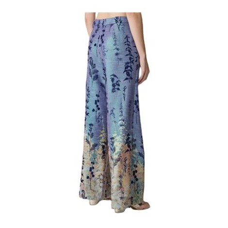 Pantalone di Forte_Forte, da donna, colore azzurro. Modello jacquard con stampa floreale. Vita alta, gamba ampia, pensato per una vestibilità comfort. 