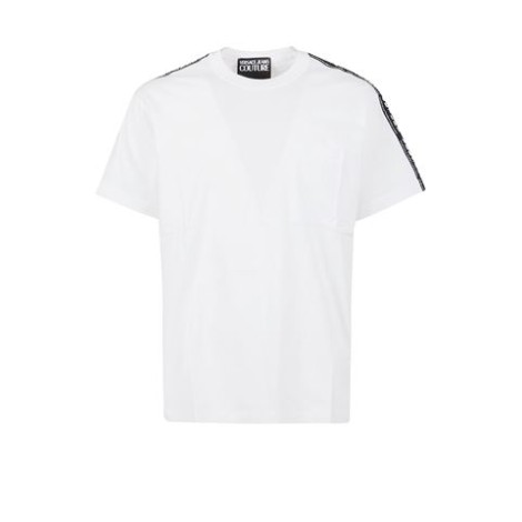 T-shirt di Versace, da uomo, colore bianco. Modello a manica corta, caratterizzato da bande logo sulle spalle. Scollo tondo. Vestibilità regolare.  