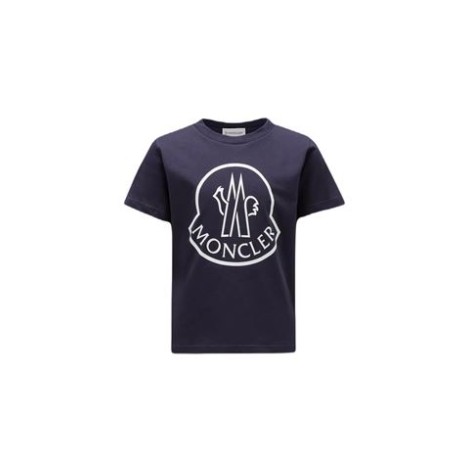 T-shirt girocollo di Moncler realizzata in jersey di colore blu maniche corte con grande stampa logata sul davanti. 