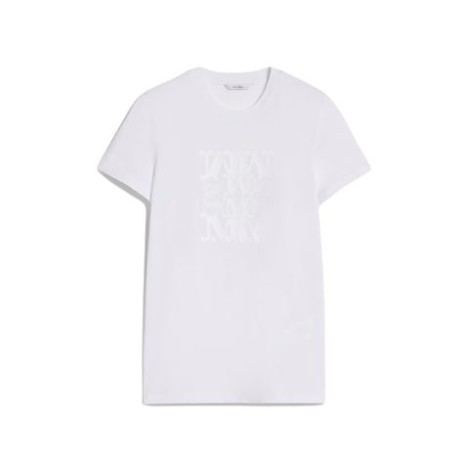 T-shirt TAVERNA, di Max Mara, da donna, colore bianco. Modello girocollo a maniche corte in morbido cotone tinta unita. Basic dalla linea dritta, impreziosito con motivo MaxMarabesque ricamato in filo di lurex e applicato sul davanti. 