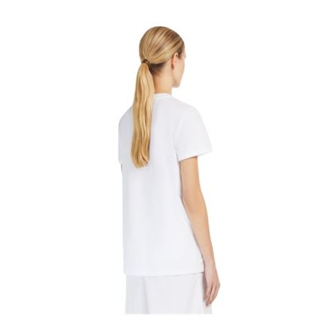 T-shirt TAVERNA, di Max Mara, da donna, colore bianco. Modello girocollo a maniche corte in morbido cotone tinta unita. Basic dalla linea dritta, impreziosito con motivo MaxMarabesque ricamato in filo di lurex e applicato sul davanti. 