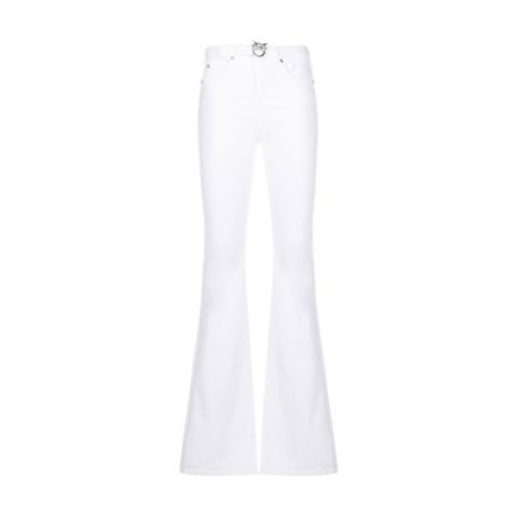 Jeans FLORA, di Pinko, da donna, colore bianco. Modello flared, realizzato in denim di cotone stretch. Caratterizzato da vita alta con dettaglio cintura Love Birs, cinque tasche e chiusura con bottone e zip. Vestibilità regolare. 