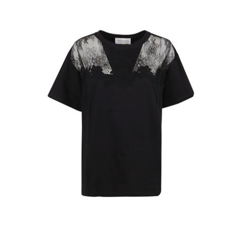 T-shirt di Ermanno Firenze, da donna, colore nero. Modello girocollo e maniche corte. Tinta unita con inserti in pizzo a contrasto. Vestibilità regolare. 