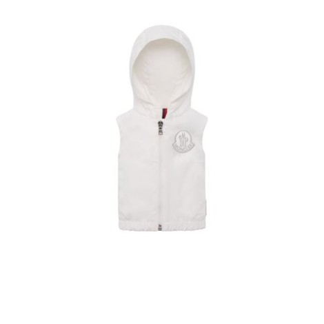 Gilet ESSIEN, di Moncler Kids, colore bianco. Modello senza maniche, con cappuccio. Chiusura frontale con zip. 