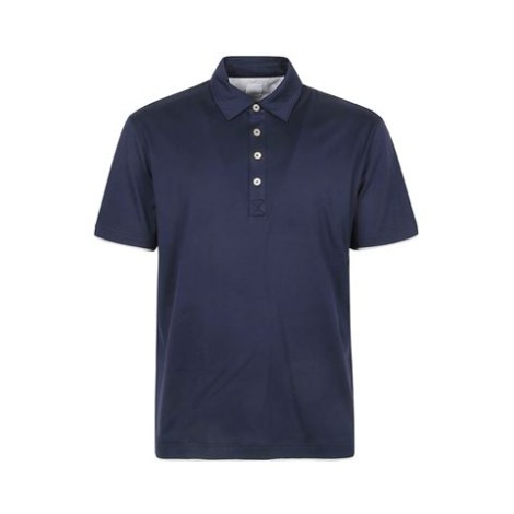 Polo in jersey di cotone colore blu a maglia fine, maniche corte, spacchetti laterali, etichetta interna con logo, orlo dritto.  