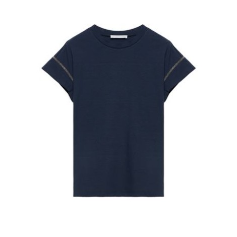 T-shirt di Fabiana Filippi, da donna, colore blu. Modello a manica corta, realizzata in cotone e in lino. Caratterizzata da dettagli brillanti sulle maniche. Scollo rotondo. Vestibilità regolare. 