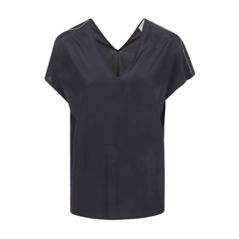 Blusa di Peserico, da donna, colore blu. Modello scon scollo a V frontale e retro. Maniche corte. Tinta unica con profili lurex sulle maniche. 