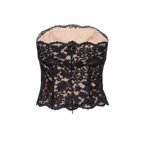 Top MONTEGRANDE, di Pinko, da donna, colore nero. Modello bustier, senza maniche. Caratterizzato da pizzo rebrodè, profili smerlati e fodera in tessuto. Chiusura con zip sul dietro. Vestibilità slim.  