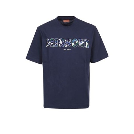 T-shirt di Missoni, da uomo, colore blu navy. Modello a maniche corte, caratterizzato da scritta logo in fantasia multicolor. Scollo rotondo. Vestibilità regolare. 