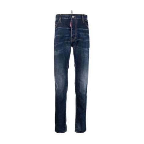 Jeans slim Cool Guy con effetto vissuto colore blu navy ,  denim elasticizzato,cuciture a contrasto, applicazione posteriore con logo, mini targhetta con logo ,chiusura frontale con bottoni, vita media. 