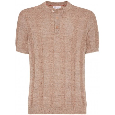 Brunello Cucinelli Textured Rib Knit T-Shirt With Henley Collar