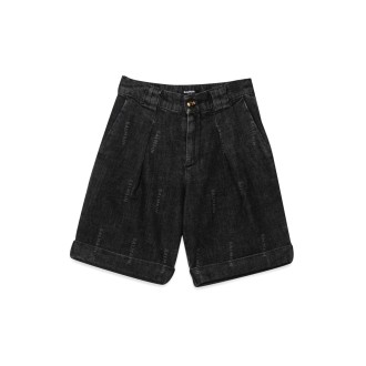 balmain allover logo denim bermuda shorts