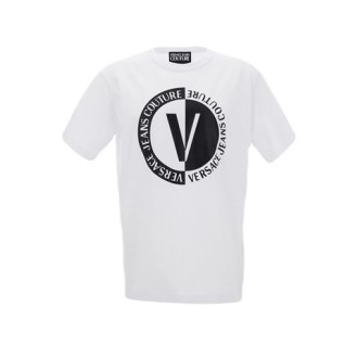 T-shirt di Versace, da uomo, colore bianco. Modello a maniche corte, realizzato in cotone. Caratterizzato da stampa logo centrale a contrasto sul davanti. Scollo tondo. Vestibilità regolare. 
