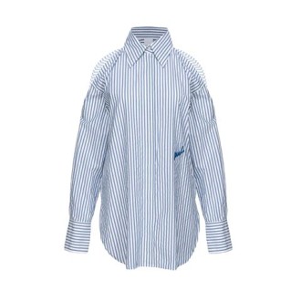 Camicia CANTERINO, di Pinko, da donna, colore bianco e azzzurro. Modello dal volume leggermente oversize in cotone tinto in filo con disegno a righe verticali. Colletto classico e maniche lunghe con dettaglio di spalle scoperte. Logo PINKO 