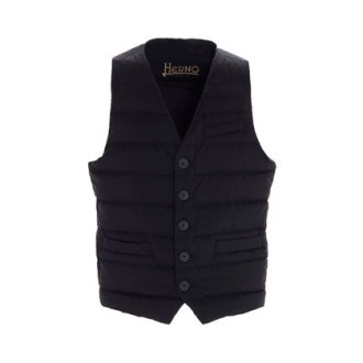 Gilet da uomo di Herno Legend, colore blu. Realizzato nel tessuto iconico Herno: materiale in nylon 20 denari a prova di piuma. Questo materiale ha un trattamento resistente alla pioggia (WR). Modello opaco, imbottito, con taschino filetto al petto e