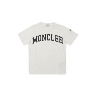 T-shirt di Moncler Kids, colore bianco. Modello girocollo e maniche corte. Scritta logo a contrasto. 