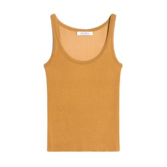 Top di Max Mara da donna, color cuoio. Modello smanicato in pregiato filato di pura seta, caratterizzato da una lavorazione a costine piatte. Spalline sottili e ampio scollo a giro davanti e sul retro. 