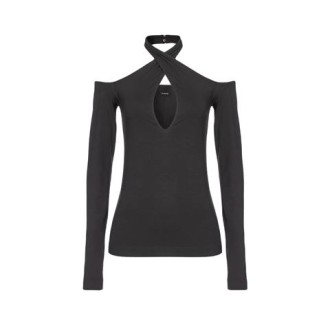 Maglia di Pinko da donna, nero. Modello in jersey stretch, scollo off-shoulder, dettaglio cut-out davanti, bottoni sul colo, maniche lunghe e foro per pollice. 