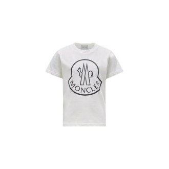 T-shirt girocollo di Moncler realizzata in jersey di colore bianco maniche corte con grande stampa logata sul davanti.   