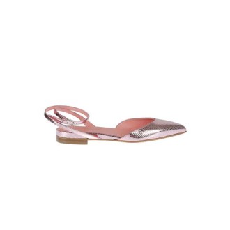 Sandalo ASPIS di Sergio Levantesi, da donna, colore rosa. Modello realizzato con una tomaia in pelle effetto rettile. Caratterizzato da un cinturino alla caviglia con fibbia e il fondo in cuoio. 